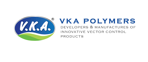 Oval to the left of the image that is blue at the top and contains the letters 'V.K.A'. Underneath is a white wavy line with green below it. On the right side of the image is blue text that says 'VKA POLYMERS and below it on three lines is the text 'DEVELOPERS & MANUFACTURERS OF INNOVATIVE VECTOR CONTROL PRODUCTS' in black.